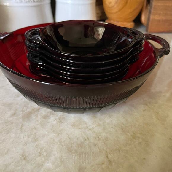 Vtg Coronation-Royal Ruby Handled Salad 7 PC Set Anchor Hocking Depression Glass - Picture 11 of 11